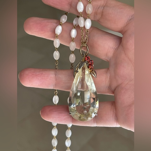 Huge lemon crystal genuine garnet gold tone pendant white opalescent chain - Picture 7 of 11